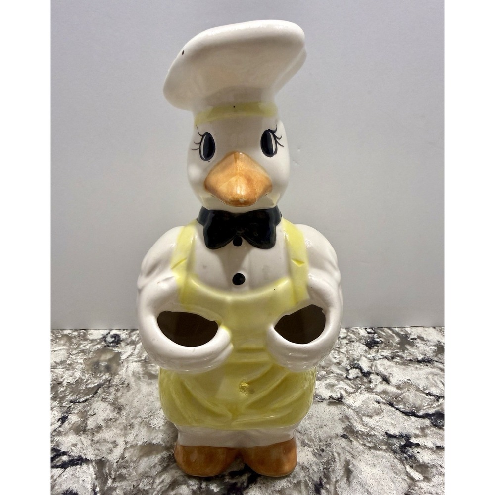 VINTAGE Hand Painted Ceramic Chef Duck Goose Utensil Holder Cottage Core